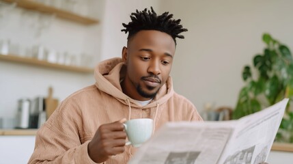 Young man enjoys coffee while reading a newspaper in a cozy cafe setting during the morning