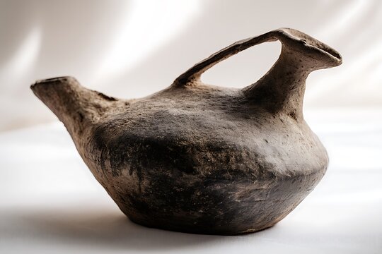 a clay surahi water vessel tipping slightly as if offering water, earthy surface texture enhanced under soft