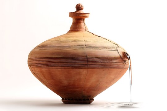a clay surahi water vessel tipping slightly as if offering water, earthy surface texture enhanced under soft