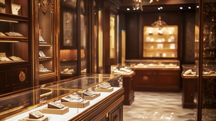 Luxury jewelry store interior with glass displays and lighting for elegant retail product showcase scene