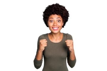 Portrait of funny funky mulatto girl raise fists watch football match please want her team win hope they score goal wear green clothes isolated over blue color background
