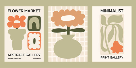Neutral colors floral vector posters set. Minimalist print designs with flowers in vase, plants and abstract shapes illustrations. Flower market