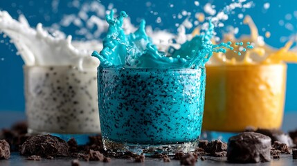 Colorful milkshakes splashing in vibrant cups for beverage photography and summer refreshment theme