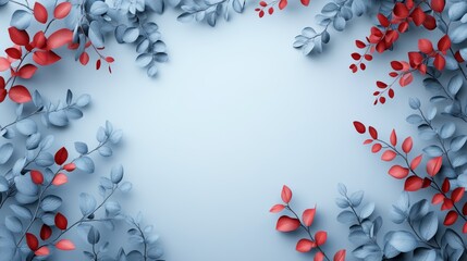 Elegant Floral Frame with Red and Blue Leaves on Soft Background