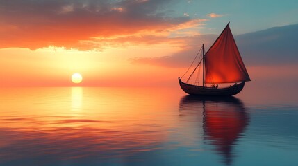 Tranquil Sunset Over Calm Waters with Sailing Boat Reflection