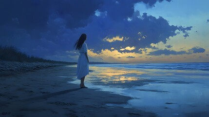 A girl standing on an empty beach at twilight