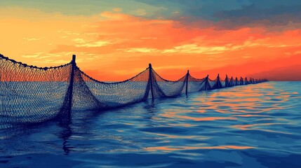 Tranquil Sunset Over Water with Fishing Nets and Vibrant Sky