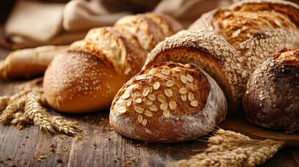 Fresh baked bread loaves with seeds on rustic table for bakery artisan food photography background