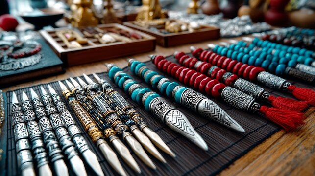 Traditional pens and trinkets lined on table for cultural artisan craftsmanship photography background concept