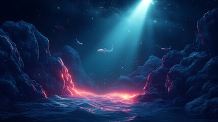 Enchanted Ocean Scene with Light Rays and Dreamlike Atmosphere