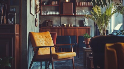 Cozy interior cafe with wood furniture and plants for lifestyle design coffee shop photography scene