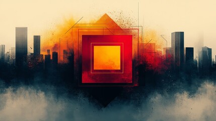 Abstract Urban Landscape with Geometric Shapes and Smoke Effects
