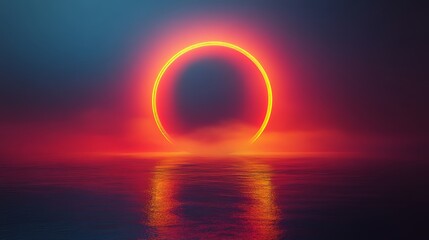 Ethereal Sunrise Over Calm Water with Vibrant Red Ring Effect