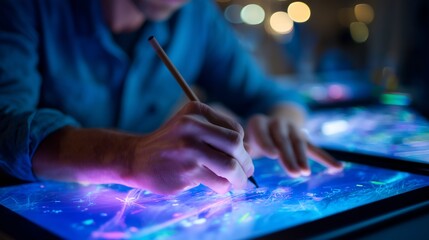 Artist creating digital art on interactive touchscreen at creative workspace during evening hours