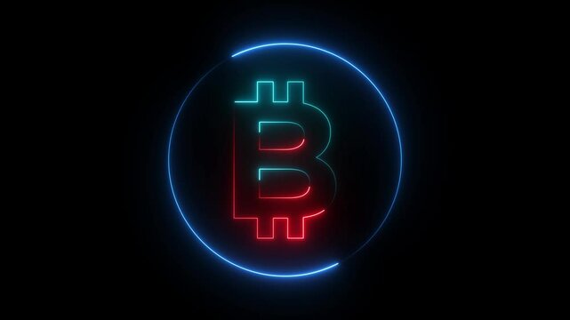 Neon glowing line bitcoin circle icon animation on the transparent black background. Bitcoin icon neon animation. Motion Graphics of bitcoin icon. 4k video animation.