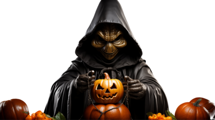 Dark-robed Halloween figure, golden mask, Jack O'Lantern, grim reaper, supernatural horror, October festive scene, isolated on transparent background.