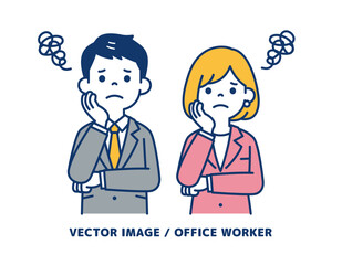 顎に手をあてて悩む、ビジネスマンのシンプルなベクターイラスト素材＿男女セット