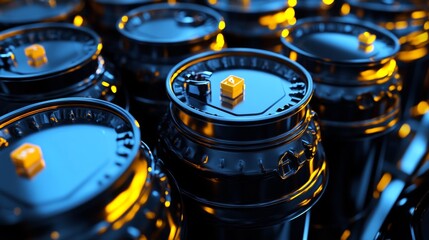 Close-up of blue industrial gauges and pressure valves for manufacturing photography mechanical engineering precision tools scene