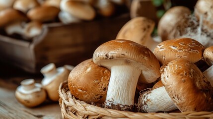 Fresh mushrooms in wicker basket for organic food photography natural produce harvest rustic earthy cooking scene