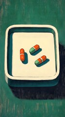 Three Capsules in Medicine Tray Green Background