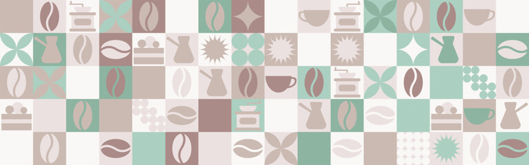 Coffee seamless background for textile and wallpaper with geometric shapes and coffee beans. Fashionable splash template with a cup in brown and green tones.