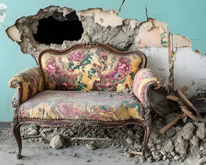 Antique Floral Sofa in Damaged Room, Ruin, Destruction