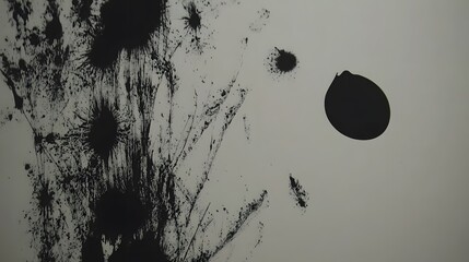 Abstract Black Ink Splatter and Blob on Beige Background