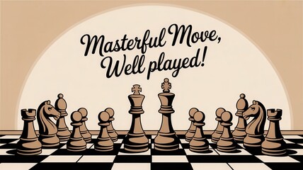 Greeting card featuring sepia-toned chess pieces and a congratulatory message for a strategic game. International Chess Day