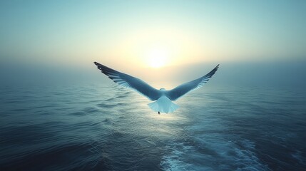Majestic Seagull Flying Above Calm Ocean at Sunset Horizon