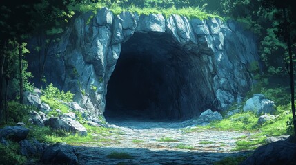 Cave Entrance Surrounded by Lush Greenery and Rock Formations