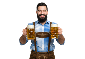 A Man in Traditional Bavarian Dress Proudly Presents Two Steins of Beer isolated on transparent baackground