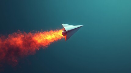 Paper Airplane with Flames in a Blue Background Sky