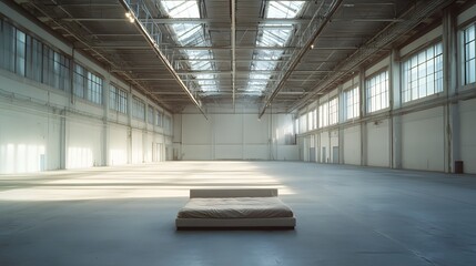 A bed in the middle of a large empty warehouse