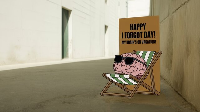 Humorous cartoon greeting card celebrating forgetfulness with a relaxed brain on vacation in a sunny alley. I Forgot Day