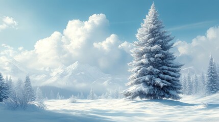 Snow-Covered Pine Tree in Winter Landscape with Blue Sky