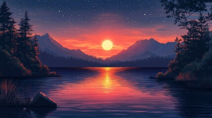 Serene Sunset Over Calm Lake Surrounded by Majestic Mountains