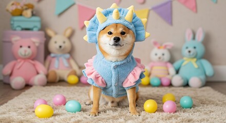 Obraz premium Adorable Shiba Inu in Dino Costume with Easter Eggs