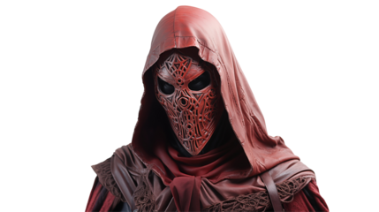 Red-hooded figure, intricate mask, dark fantasy costume, dramatic studio portrait, mysterious leather design, isolated on transparent background.