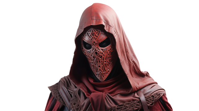 Red-hooded figure, intricate mask, dark fantasy costume, dramatic studio portrait, mysterious leather design, isolated on transparent background.