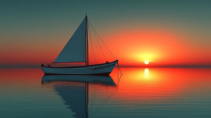Tranquil Sunset Over Calm Water with Sailboat Silhouette
