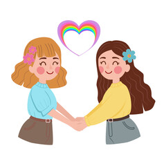 Cute cartoon illustration of two girls in love holding hands with a rainbow heart above. LGBTQ+ pride and love concept.