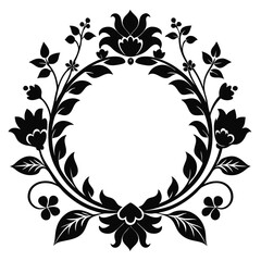 Ornate floral wreath with blossoms and leaves in black ink