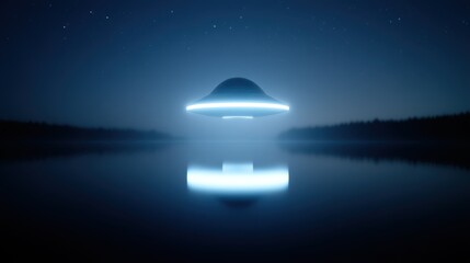 UFO model with LED lights hovering over a tranquil lake at night in a clear sky. Invite an Alien to Live with You Day, World UFO Day