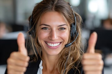 Customer service representative smiles and gives thumbs up in busy office setting