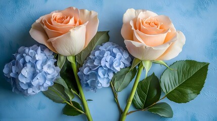 Peach Roses and Blue Hydrangeas Floral Arrangement
