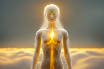 A serene, professional photograph of a luminescent, translucent human figure, radiant with an ethereal glow, stands poised in a boundless expanse of soft, creamy ligh