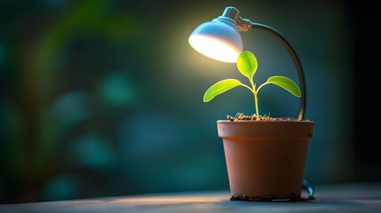 Growing Plant Seedling Illuminated by Desk Lamp