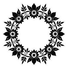 Black floral wreath frame with leaves and flower details
