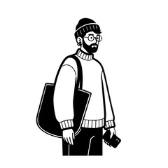 Stylish Bearded Man in Knit Sweater and Winter Hat