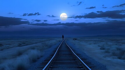 A solitary figure walking down railroad tracks at dusk